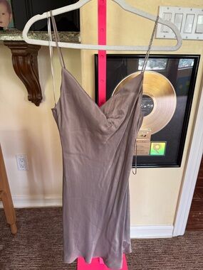 NWT Silky taupe mini dress with rhinestone strap. Size small